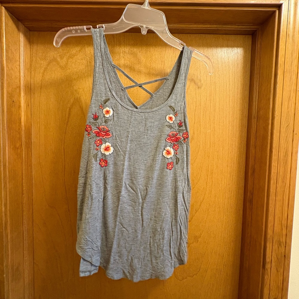 Hollister Grey Floral Criss Cross Tank Top